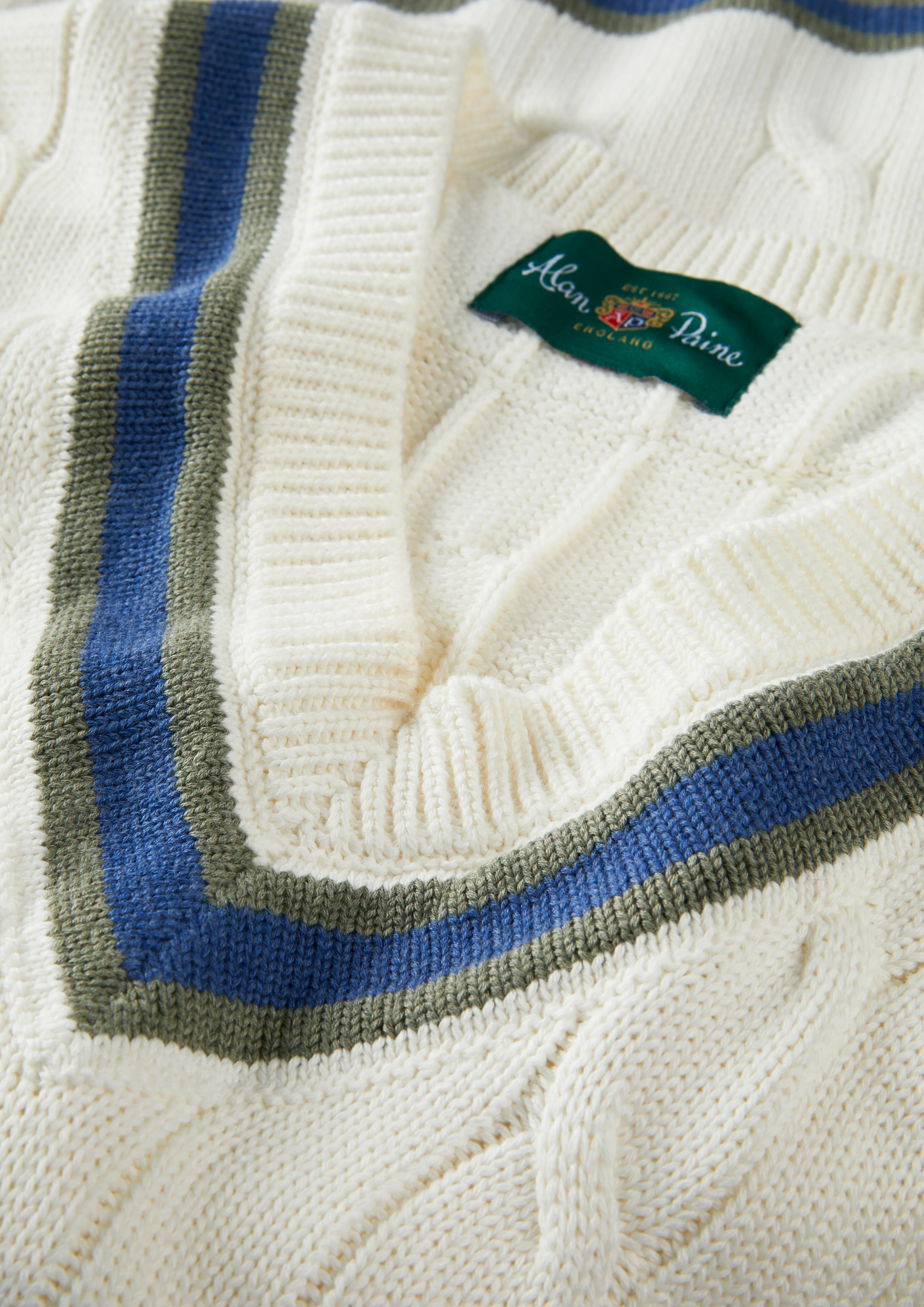 Sandridge Cable Knit Cricket Jumper In Ecru and Landscape - Image 7