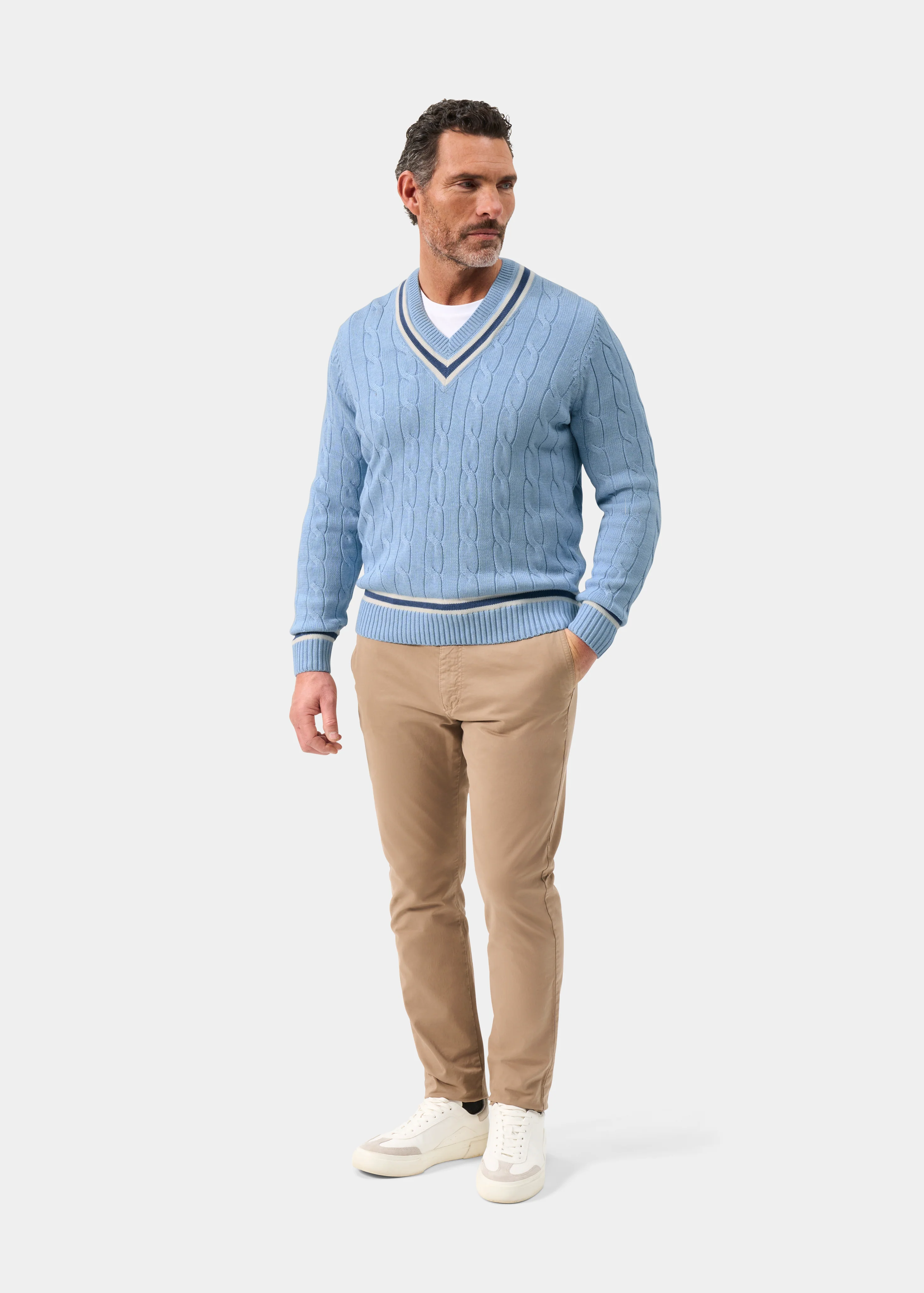 Sandridge Cable Knit Cricket Jumper In Steel Blue and Ecru - Image 3