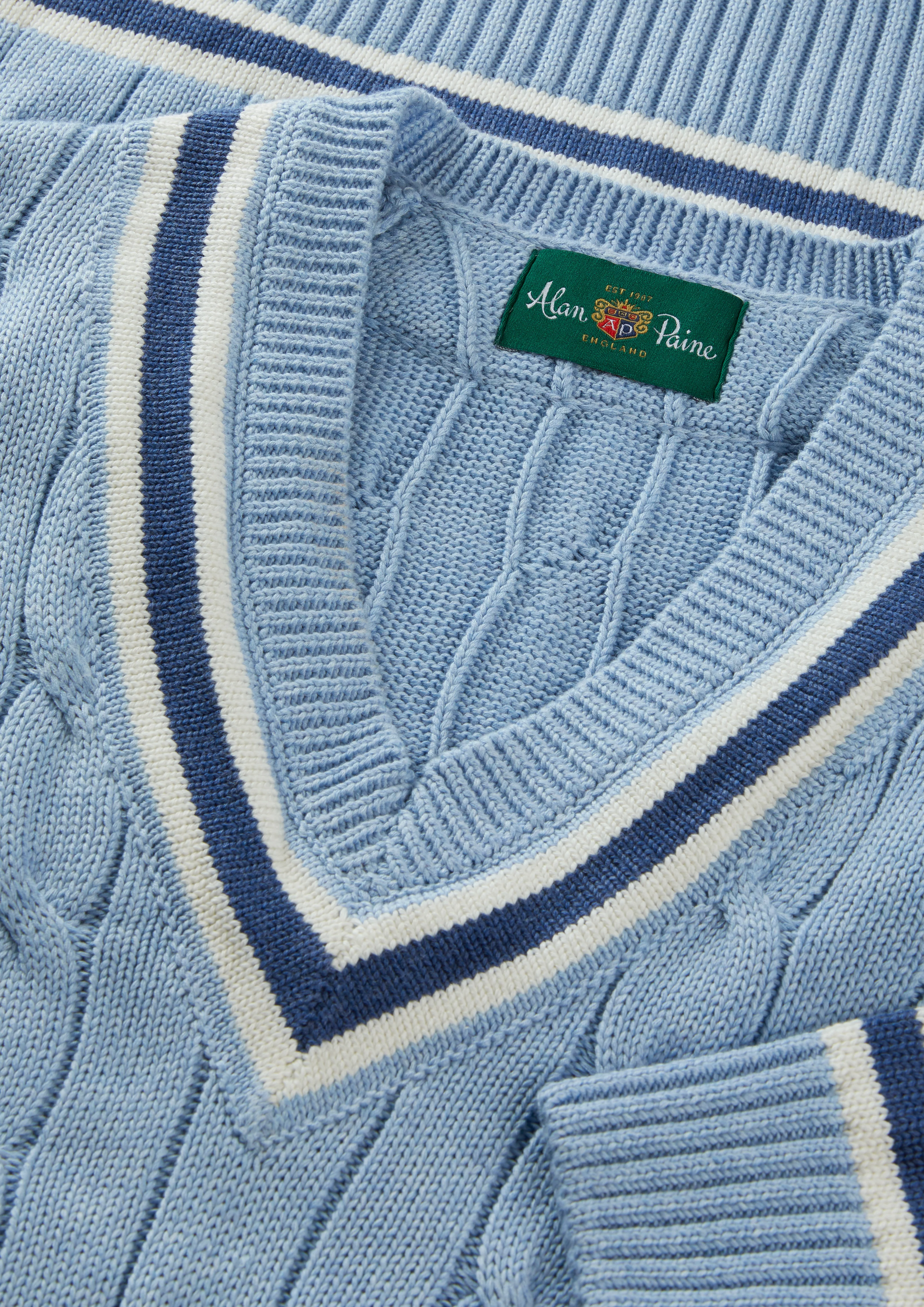 Sandridge Cable Knit Cricket Jumper In Steel Blue and Ecru - Image 4