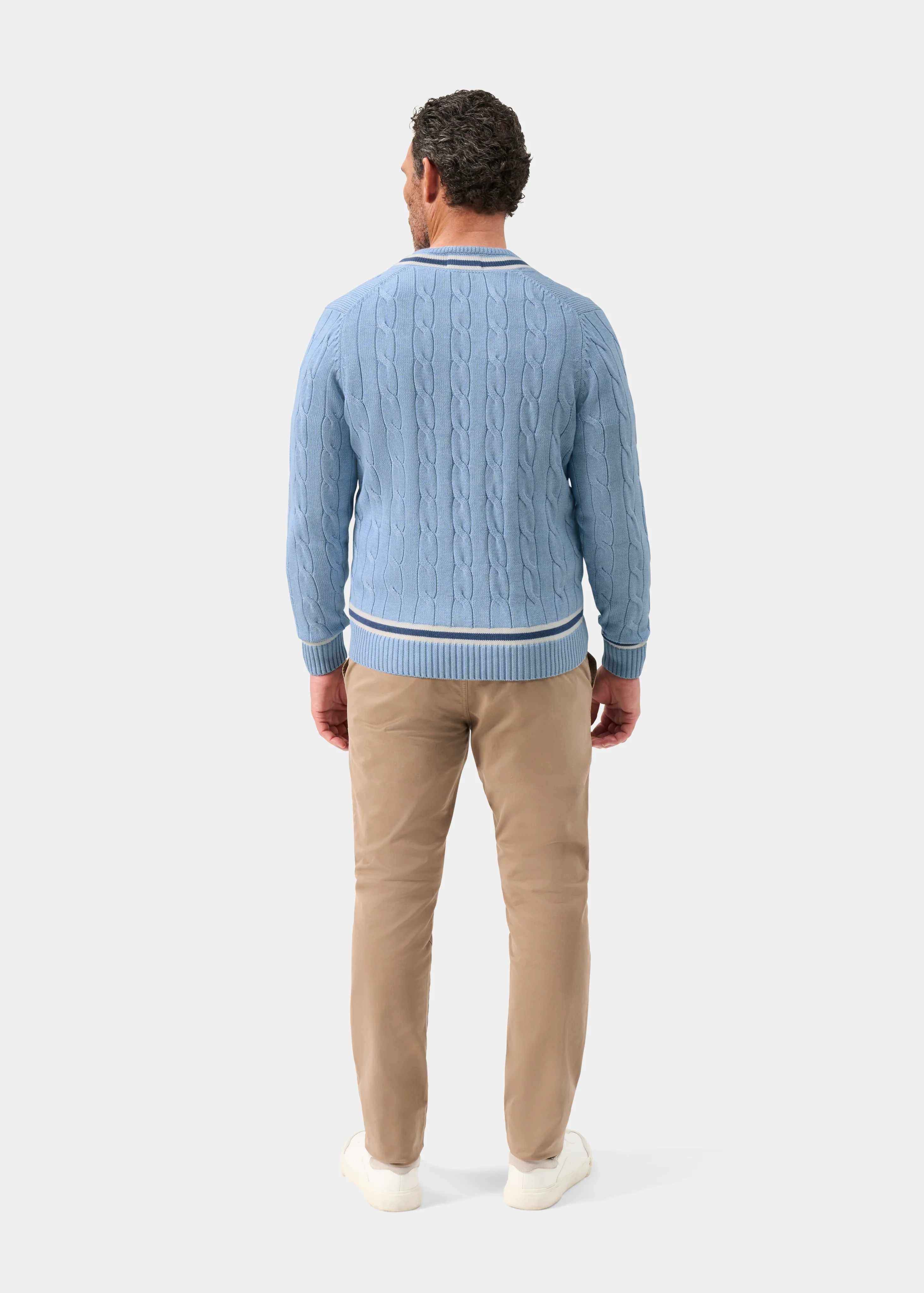 Sandridge Cable Knit Cricket Jumper In Steel Blue and Ecru - Image 6