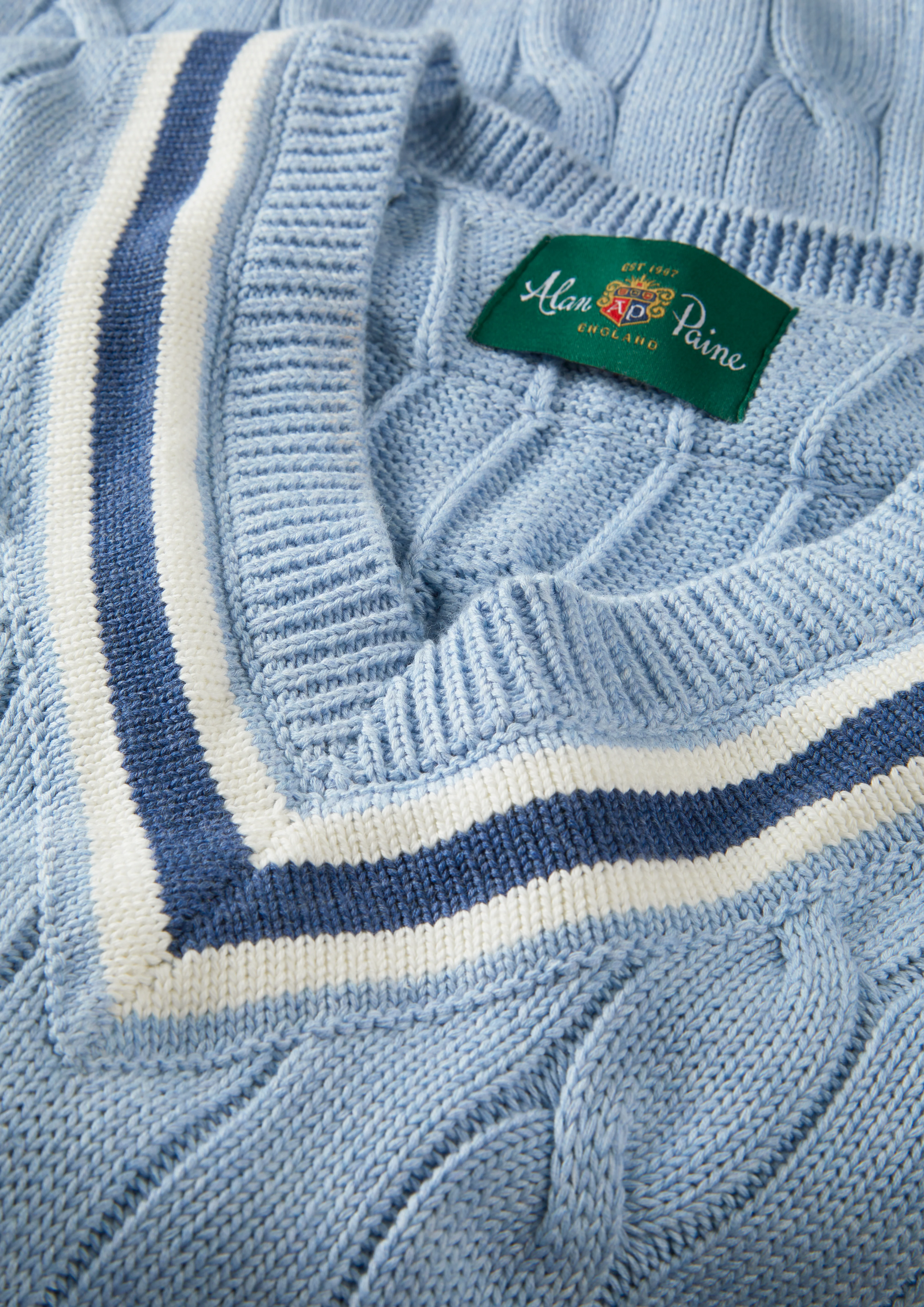 Sandridge Cable Knit Cricket Jumper In Steel Blue and Ecru - Image 7