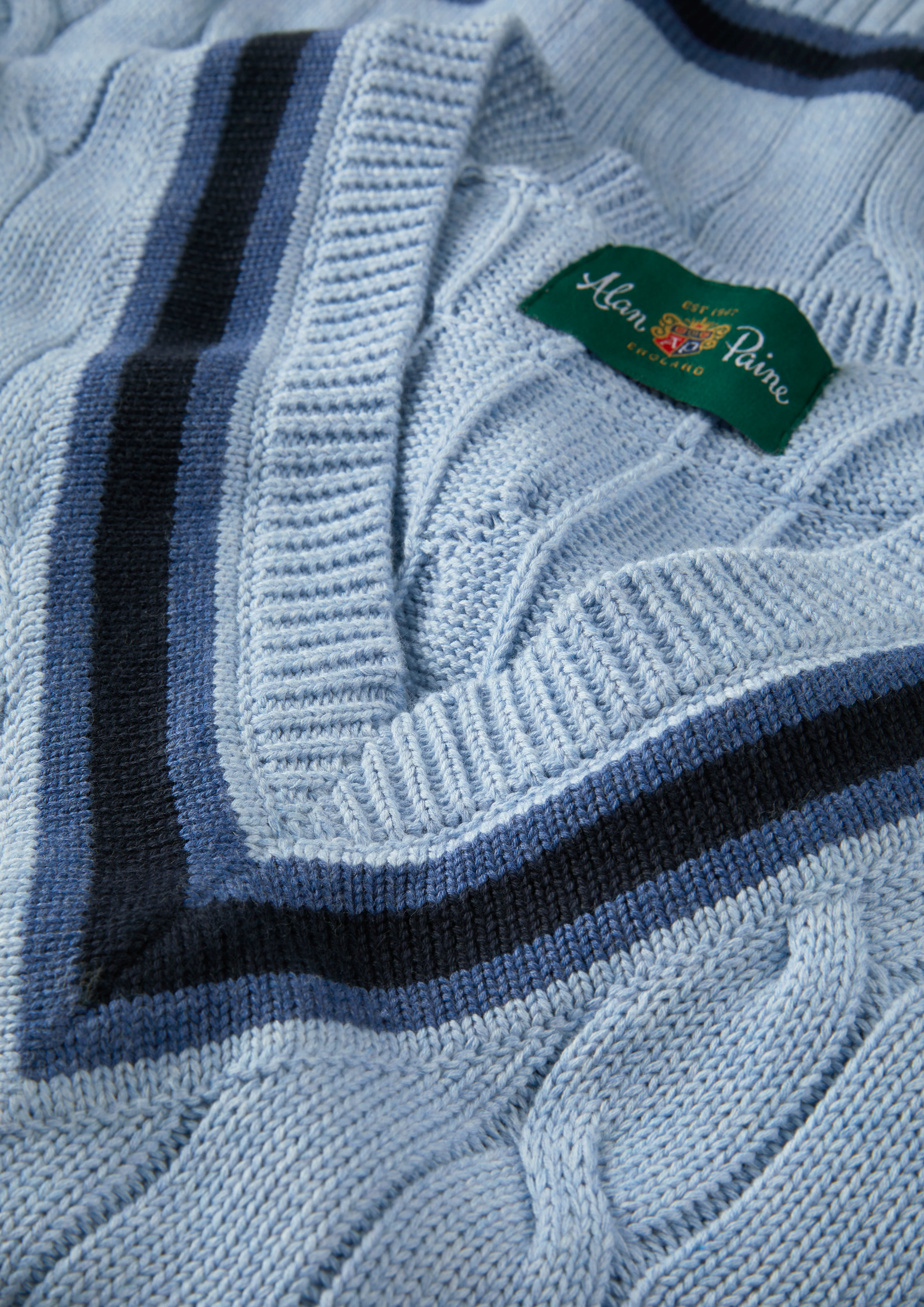 Sandridge Cable Knit Cricket Jumper In Steel Blue and Dark Navy - Image 3