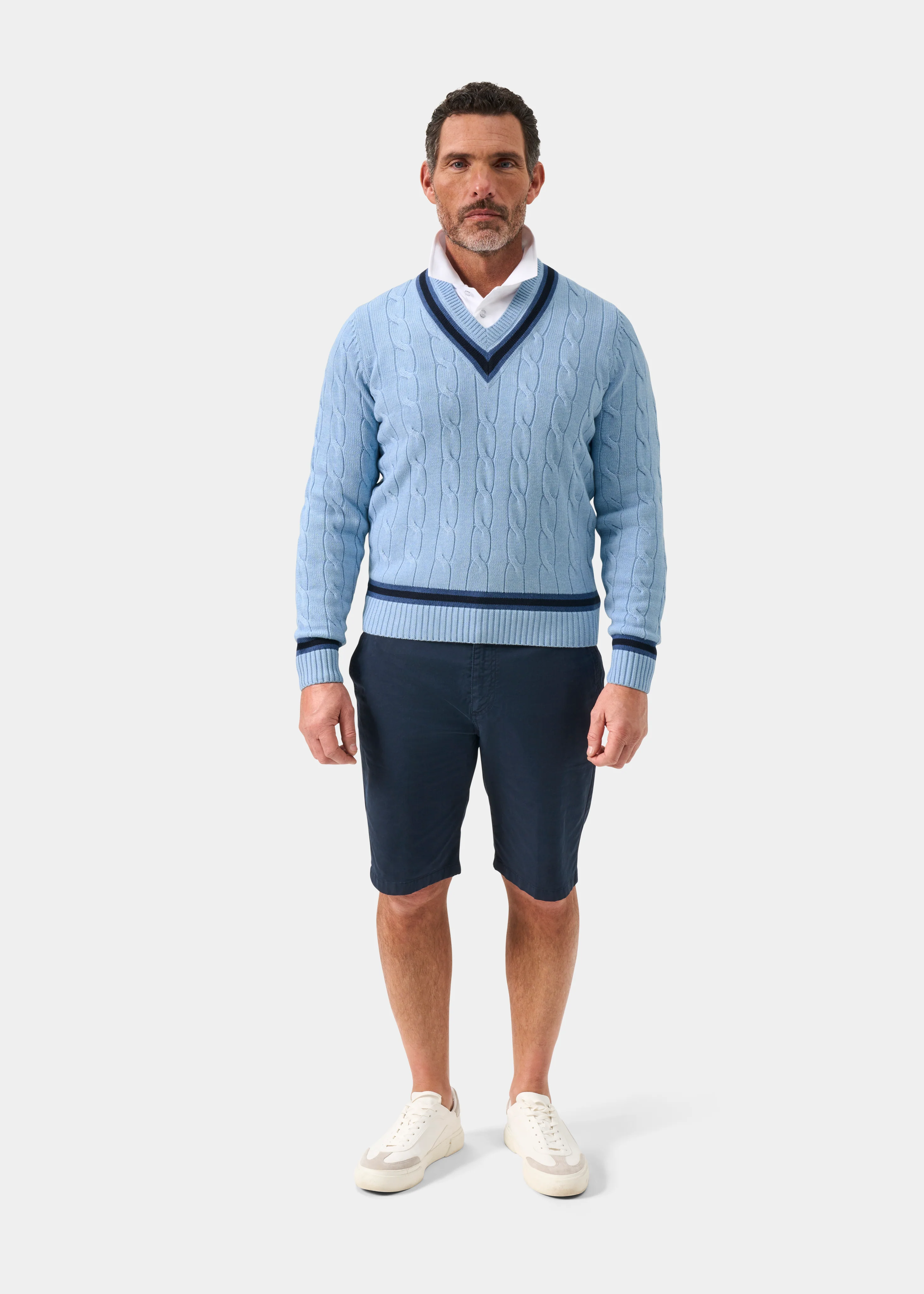 Sandridge Cable Knit Cricket Jumper In Steel Blue and Dark Navy - Image 4