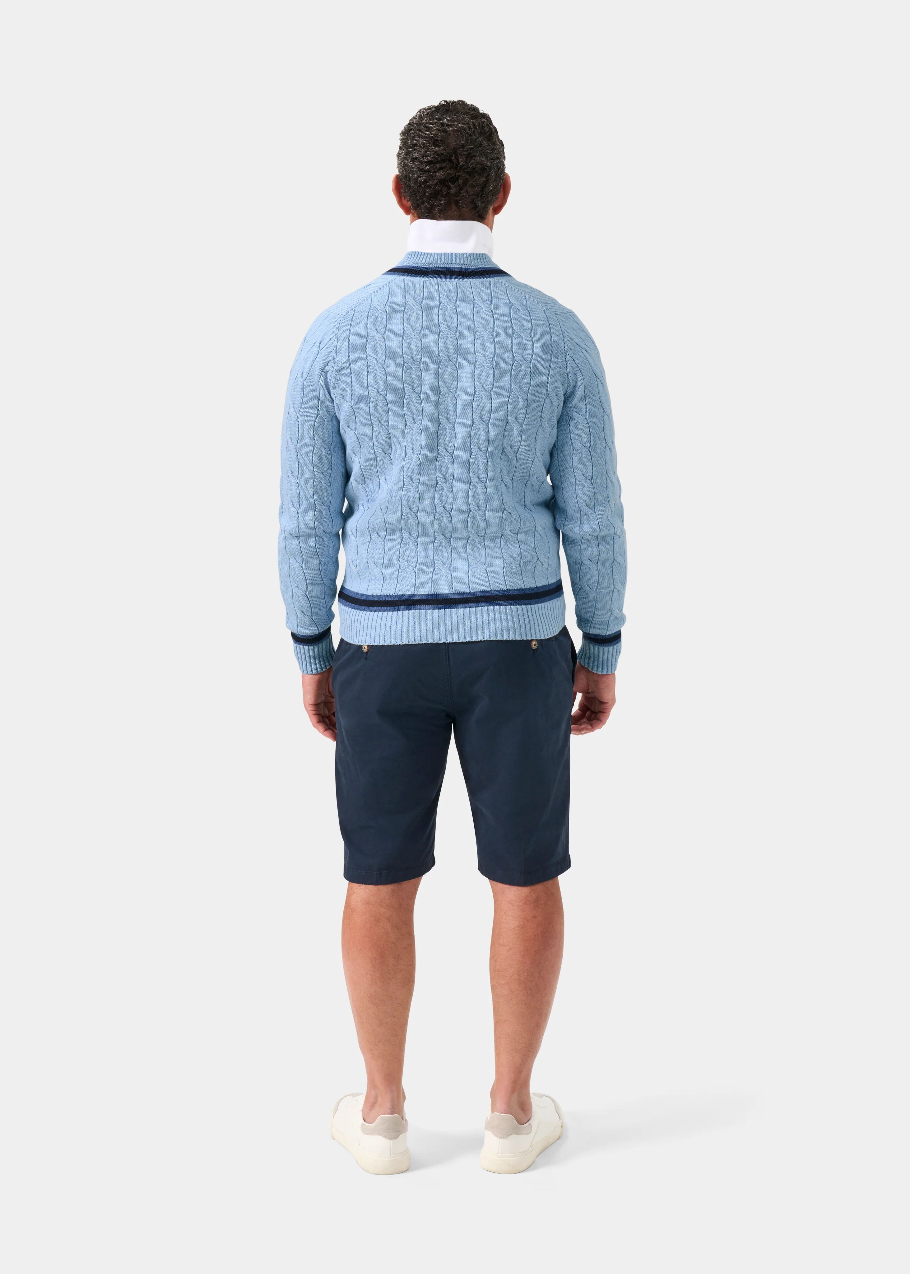 Sandridge Cable Knit Cricket Jumper In Steel Blue and Dark Navy - Image 7