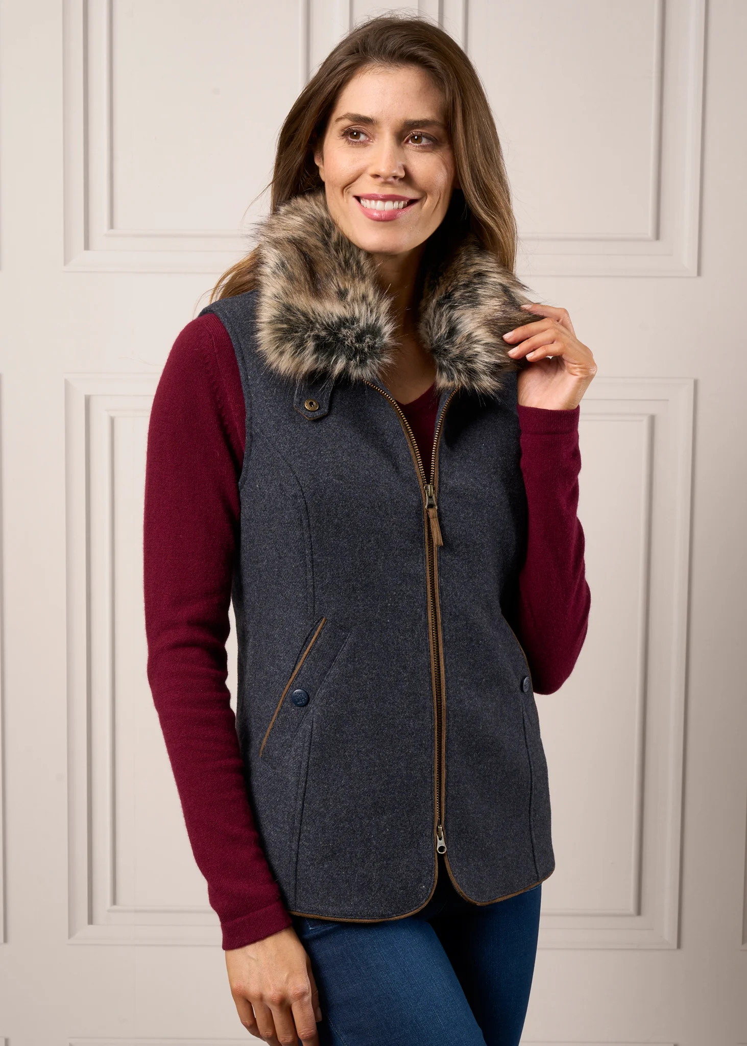 Surrey Ladies Tweed Water Repellent Gilet in Blue  -  Regular Fit - Image 5