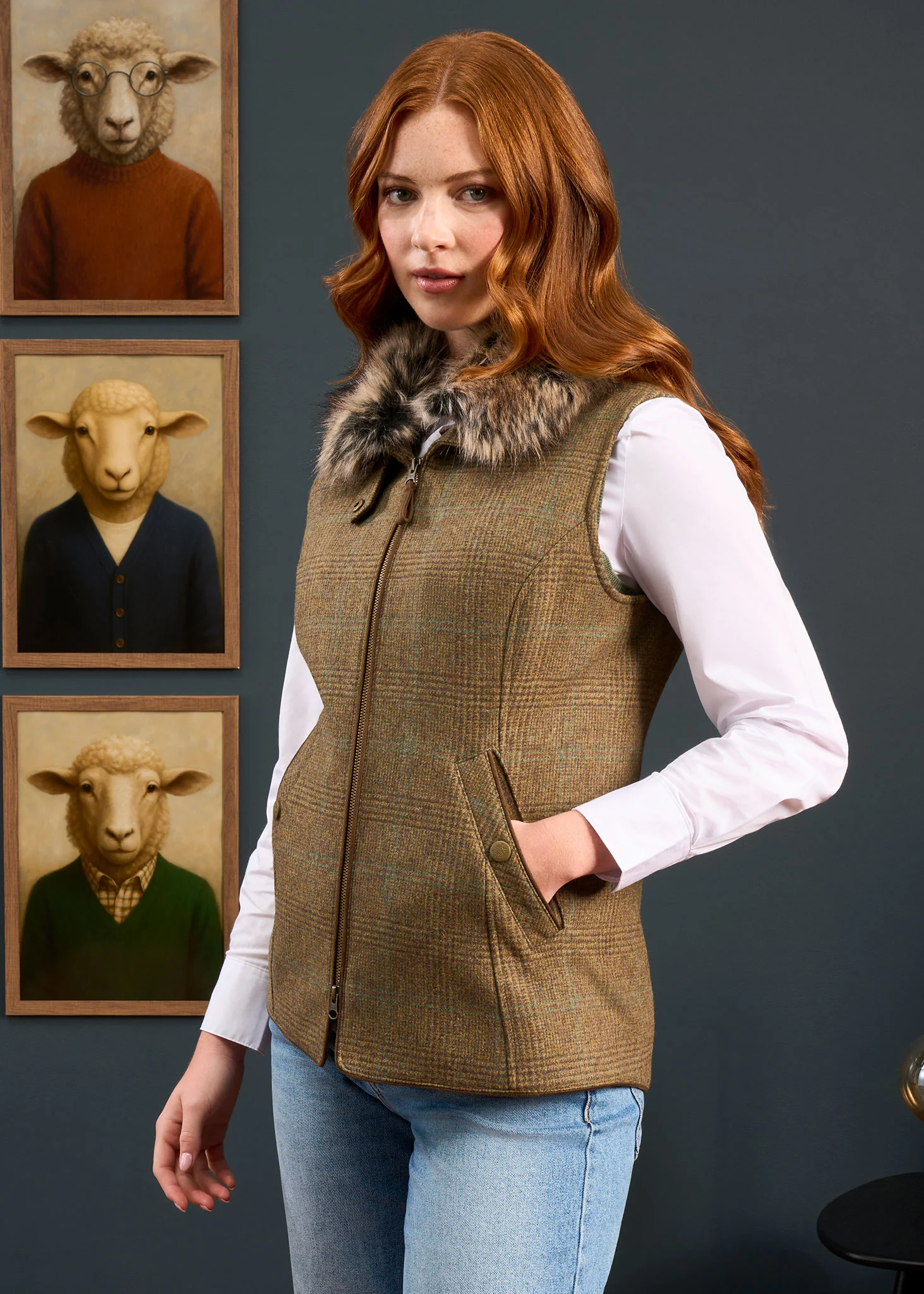 Surrey Ladies Tweed Water Repellent Gilet in Marsh  -  Regular Fit - Image 2