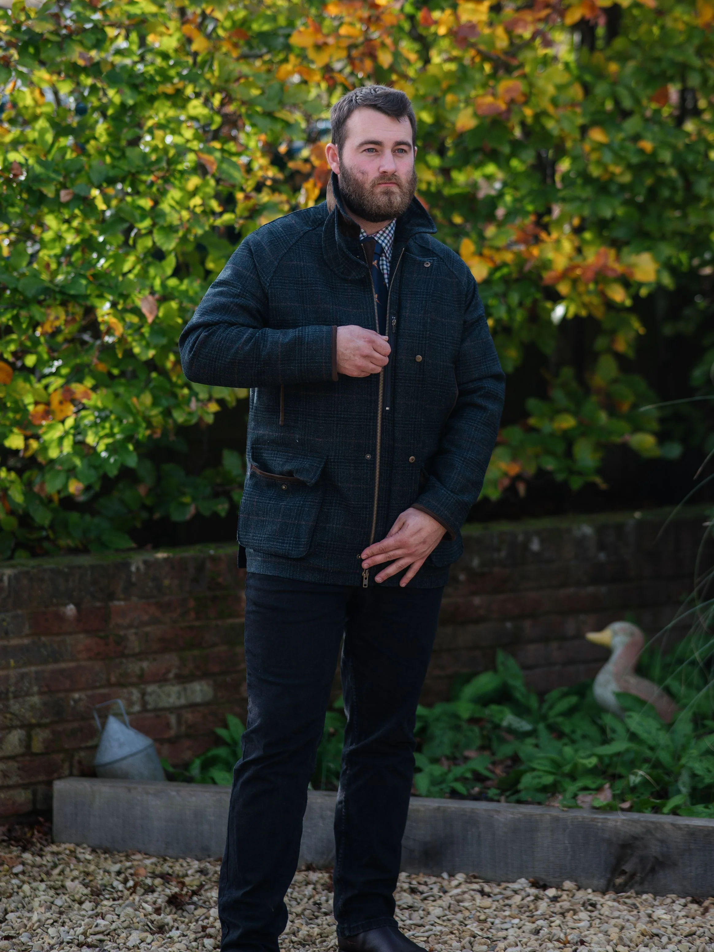 Surrey Men's Tweed Waterproof Coat in Green Check  -  Shooting Fit - Image 3