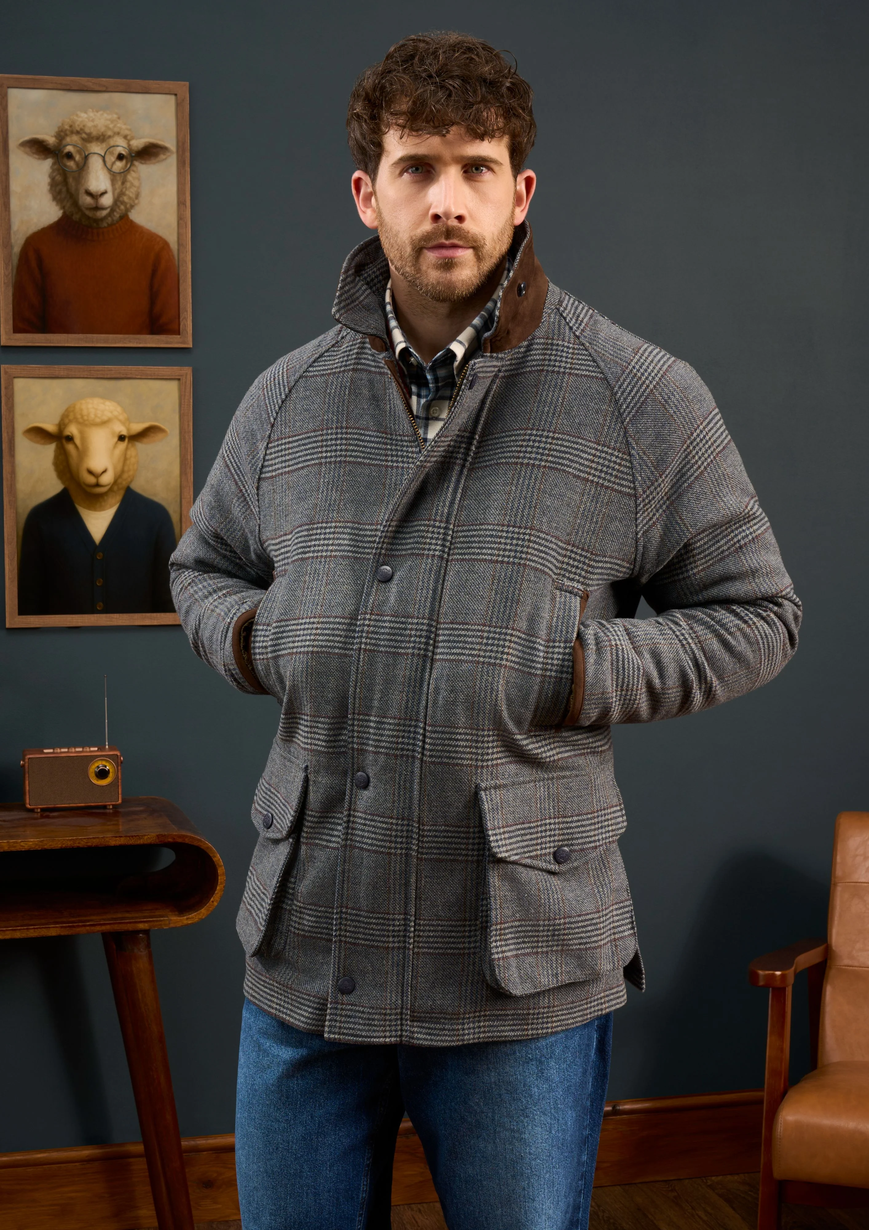 Surrey Men's Tweed Waterproof Coat in Blue Check  -  Shooting Fit - Image 2