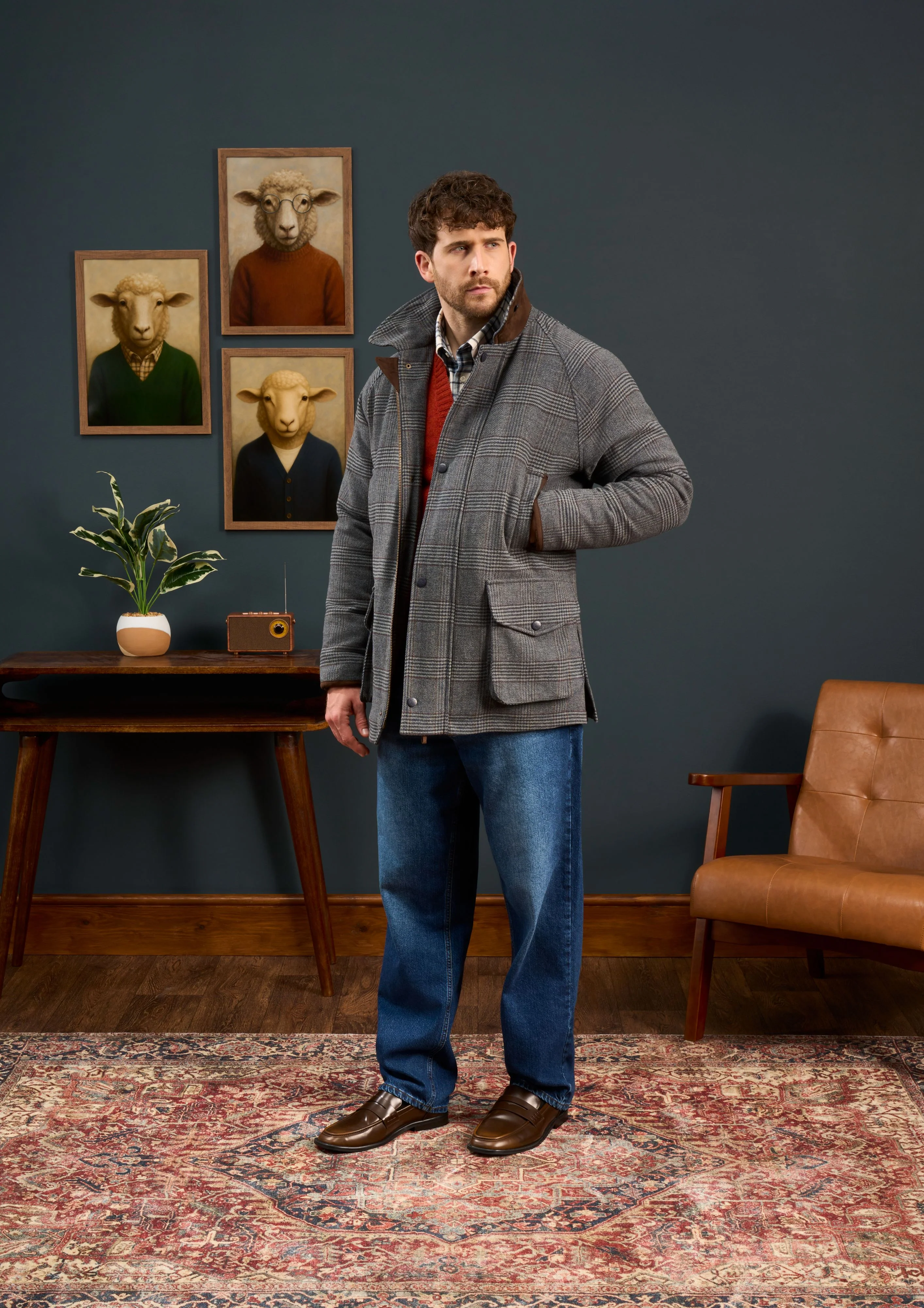 Surrey Men's Tweed Waterproof Coat in Blue Check  -  Shooting Fit - Image 3