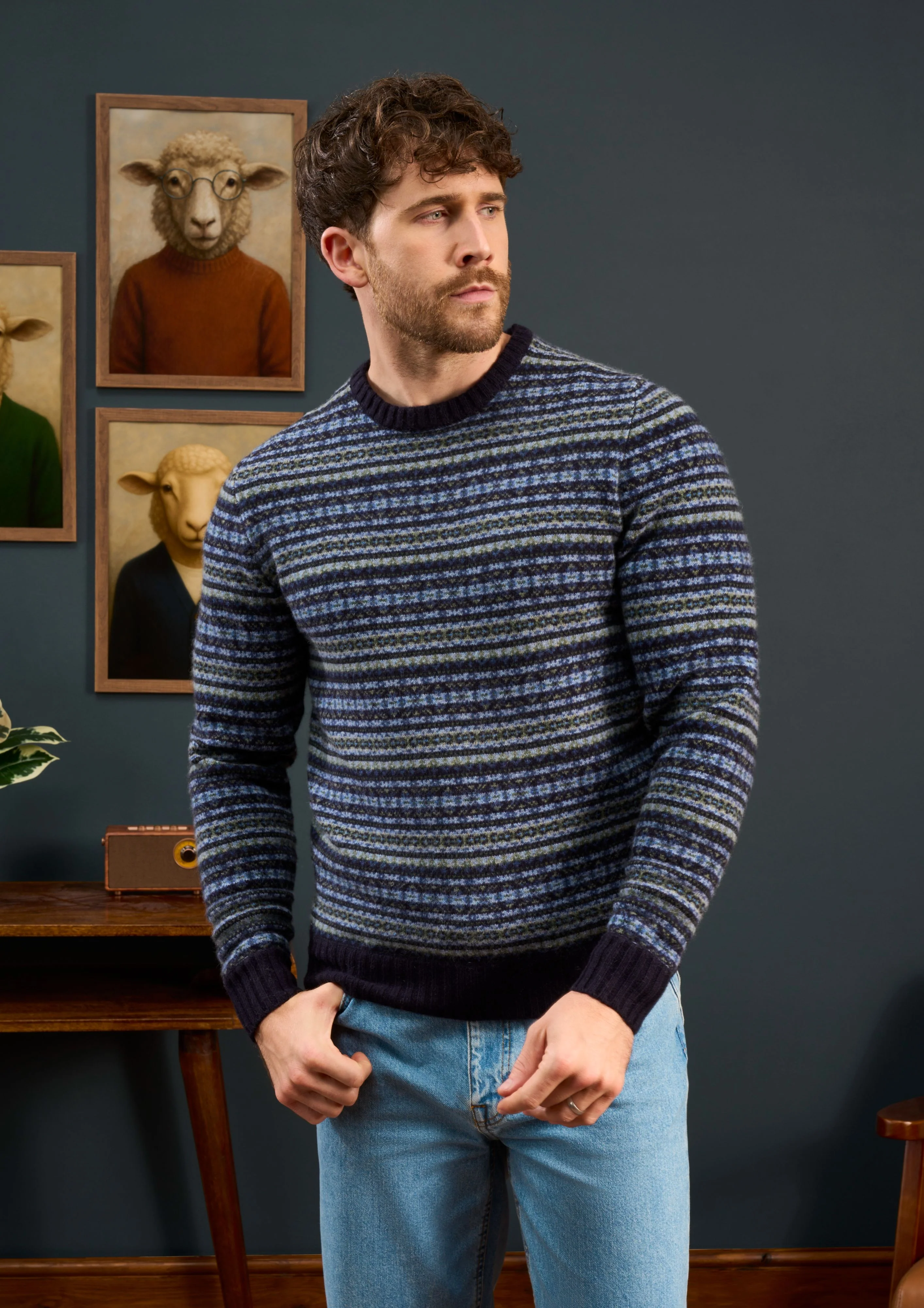 Towthorpe Men's Lambswool Fairisle Navy Jumper - Regular Fit - Image 4