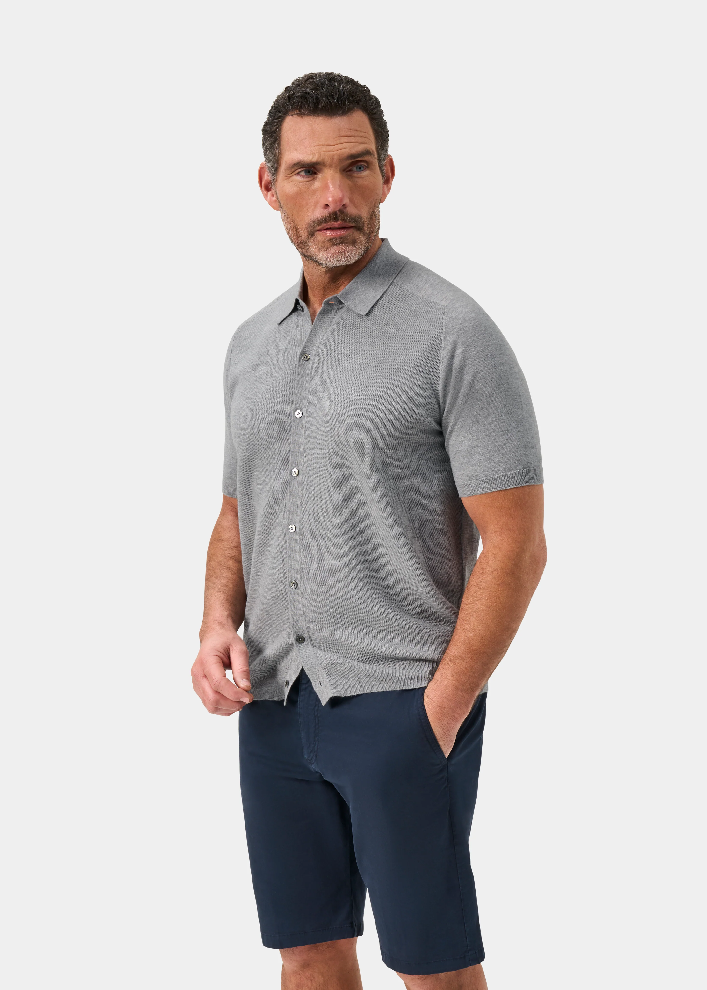 Wellswood Men's Cotton Merino Shirt In Light Grey Mix - Image 6